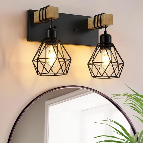 Miniatura 10 de Lámpara de tocador estilo casa de campo para baño, luminarias de tocador de baño de 2 luces negra dorada de madera sobre espejo, apliques rústicos