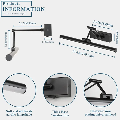 Miniatura 7 de Joossnwell Luz para Cuadros a Batería Luz Inalámbrica para Cuadros para Pinturas con Control Remoto 15.5 Pulgadas Regulable y Temporizador Luz