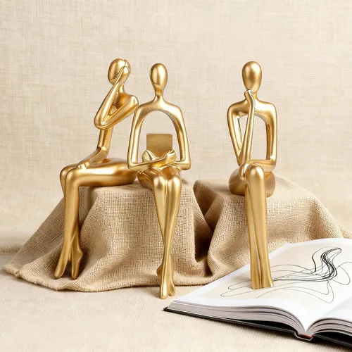 Miniatura 9 de Juego de 3 estatuas abstractas de oro pensador, escultura de resina hecha a mano, escritorio de oficina moderno, decoración del hogar