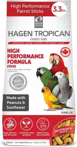 Hagen Tropican - Alimento de loro de alto rendimiento, 3.3 ib. Palitos de loro Hari con maní y semillas de girasol y niveles nutricionales más altos