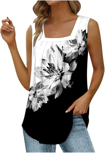 Camisetas sin mangas para mujer, estilo casual, cuello cuadrado, sin mangas, ajuste holgado, plisadas, blusas de verano, camisas fluidas, camisetas