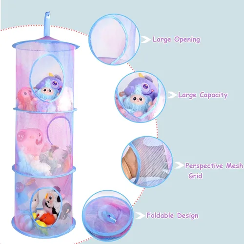 Miniatura 5 de ChezMax Almacenamiento de malla colgante para animales de peluche, 3 niveles, paquete de 2 unidades, organizador de red grande para animales
