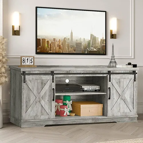 Miniatura 4 de IDEALHOUSE Soporte de TV de granja, centro de entretenimiento para consola multimedia de TV de 65 pulgadas, puertas de granero blancas