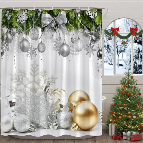 Miniatura 4 de Cortina de ducha de Navidad, bola dorada y plateada, copo de nieve, festival de vacaciones de invierno, feliz año nuevo, tela decorativa de Navidad