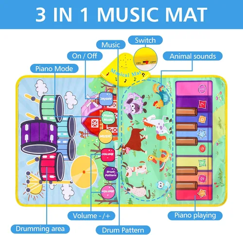 Miniatura 5 de Alfombrilla de piano con sonidos musicales de animales de granja para niños, juguete educativo sensorial de aprendizaje con batería para niños