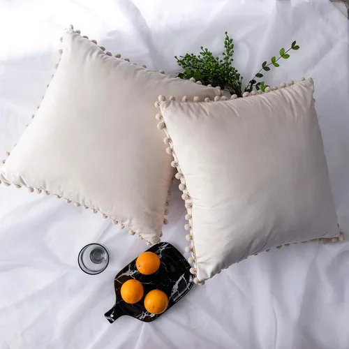 Miniatura 8 de Juego de 2 fundas para cojines decorativos de terciopelo sólido suave con borde de pompones
