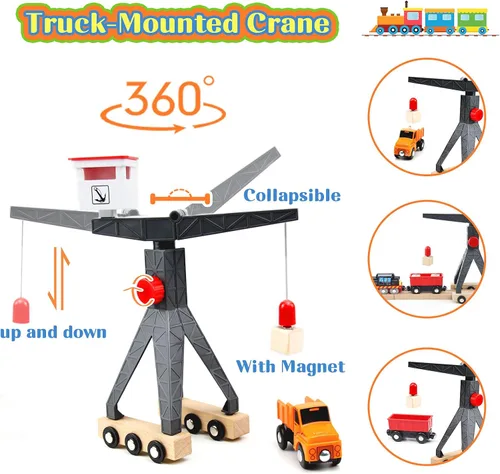 Miniatura 3 de WOOD CITY Juego de tren de madera, 56 piezas de lujo para niños de 2, 3, 4, 5 años, pista de tren temática de carga con grúa torre y puente