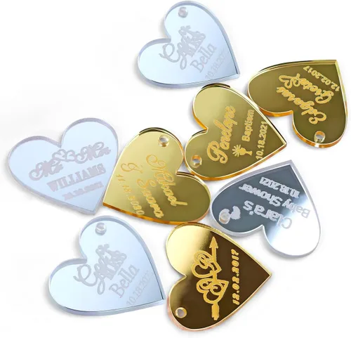 30 etiquetas de espejo de boda personalizadas con agujeros, etiquetas de corazón acrílicas personalizadas, logotipo de nombre con letras para baby