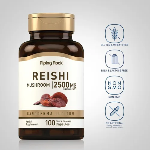 Miniatura 3 de Piping Rock Cápsulas de hongos Reishi 100 píldoras Suplemento de extracto de hierbas estandarizado con Ganoderma Lucidum Sin OMG, sin gluten