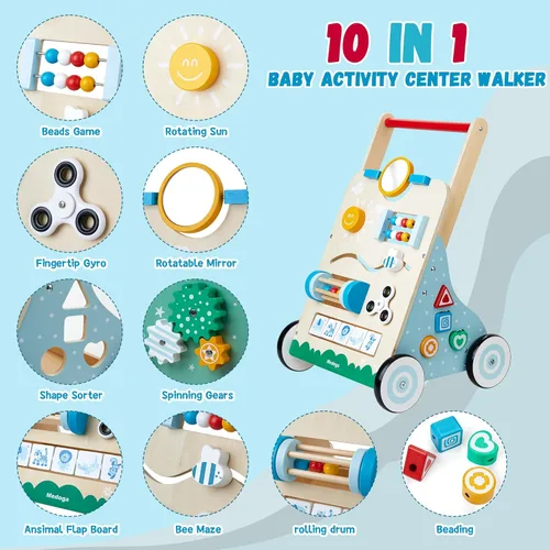 Miniatura 2 de Andador de madera para bebé, 10 en 1, centro de actividades para bebés, caminador ajustable de madera para niños y niñas (BW001)