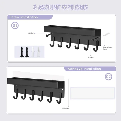 Miniatura 2 de VIS'V Soporte para llaves de pared, soporte adhesivo compacto para llaves con bandeja, 6 ganchos, 2 opciones de montaje, negro