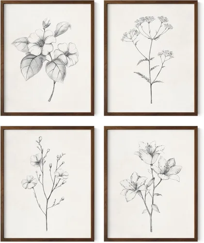Miniatura 12 de HAUS AND HUES Arte de pared floral gris, juego de 4 pósteres de plantas para pared vintage, impresiones botánicas, cuadros de flores en blanco