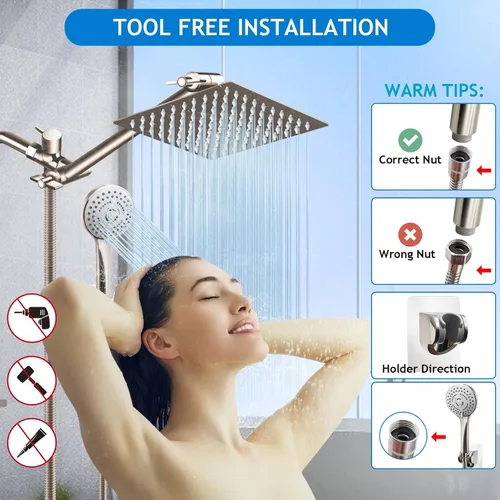 Miniatura 6 de Combo de cabezal de ducha (níquel cepillado), cabezal de ducha de lluvia de alta presión de 8 pulgadas con brazo de extensión ajustable de 11
