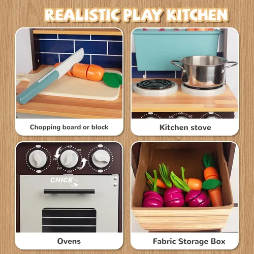 Miniatura 3 de Juego de cocina para niños de 3 a 8 años, cocina de madera con accesorios de cocina y alimentos de corte, incluyendo horno, estufa, grifo