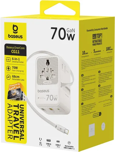 Miniatura 8 de Baseus Adaptador de viaje universal de 70 W con cable retráctil, adaptador de enchufe internacional 6 en 1, cargador de pared USB-C PD de carga