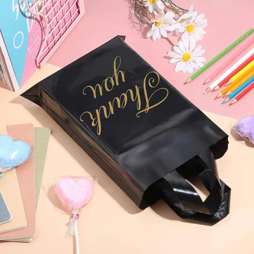 Miniatura 5 de Outus 120 bolsas negras de regalo de agradecimiento con asas de 9 x 12 pulgadas, bolsa de plástico para pequeñas empresas, madres, profesores, Negro