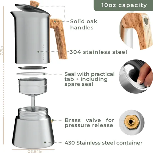 Miniatura 6 de WALDWERK Cafetera Moka de Acero Inoxidable (10 oz) - Cafetera Moka Libre de Tóxicos con Mango de Madera de Roble - Cafetera de Estufa para Espresso