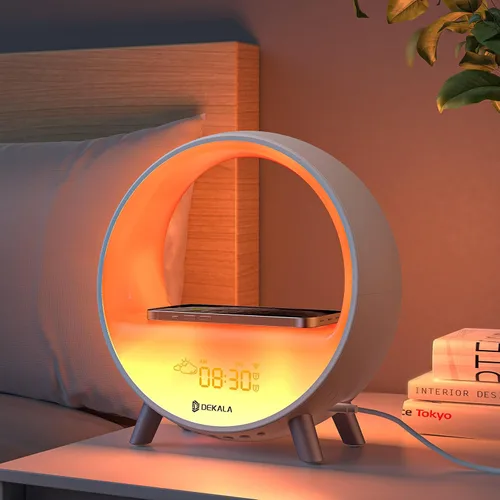 Dekala Arches - Reloj despertador gradual con carga inalámbrica, máquina de sonido de ruido blanco al atardecer, reloj despertador para personas que
