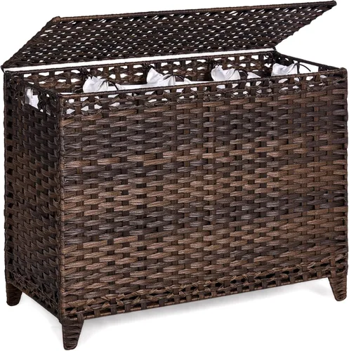 Miniatura 13 de Cesta para ropa sucia con 3 bolsas de forro extraíbles; cesta de lavandería de ratán tejida a mano de 132L con tapa y pies elevados; cesta de ropa