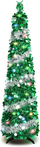 Árboles de Navidad de 5 pies con 90 luces coloridas, árbol de Navidad plegable de lentejuelas artificiales, árbol de Navidad de oropel alto y Plata