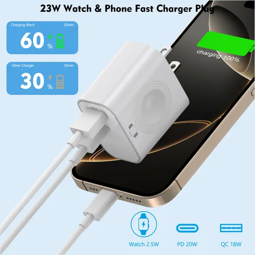 Miniatura 3 de Cargador de Apple Watch, magnético inalámbrico para carga de Apple Watch, paquete de 2, 23 W de doble puerto (USB-C + USB-A), bloque de carga rápida
