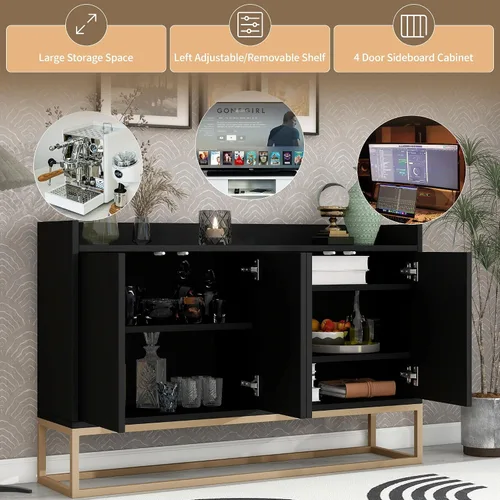Miniatura 4 de LUMISOL Armario de almacenamiento moderno con puertas y estantes ajustables, aparador de cocina de madera con base de metal y mesa de valla