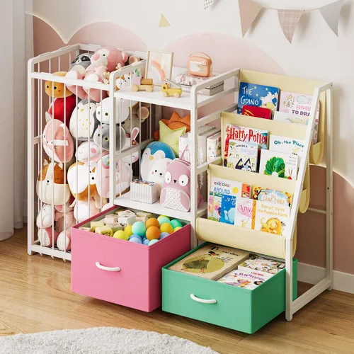 Miniatura 9 de Estantería para niños y organizador de juguetes Twinkoo, estante resistente de 3 niveles, estantería con bandeja y 2 contenedores de juguetes