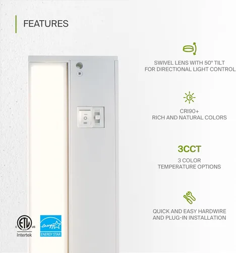 Miniatura 3 de ASD Iluminación LED giratoria para debajo del gabinete, 24 pulgadas 12W, con cables o enchufe, 2700K/3000K/4000K, interruptor de alto/bajo, lente
