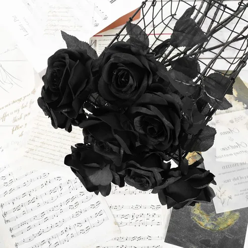 Miniatura 4 de Whaline Paquete de 12 rosas artificiales de seda, rosas negras, rosas falsas románticas realistas con tallos largos para fiestas de Halloween