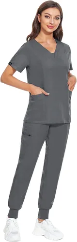 Miniatura 15 de VIAOLI Conjunto de ropa quirúrgica para mujer, camiseta con cuello en V y pantalones médicos tipo cargo para mujer, 10 bolsillos