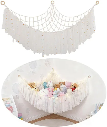 Paquete de 2 unidades de almacenamiento de animales de peluche, red o hamaca con luz LED, hamaca de juguete de esquina para colgar, organizador de