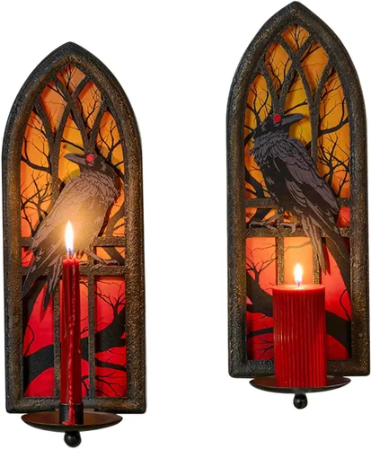 Juego de 2 candelabros góticos de pared, diseño de cuervo de hierro forjado con bandejas extraíbles para velas cónicas y pilares, diseño medieval de