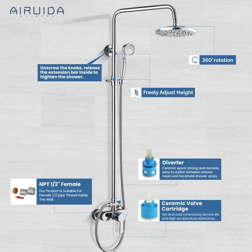 Miniatura 8 de Airuida Sistema de ducha expuesto, cabezal de ducha de lluvia de 8 pulgadas con rociador de mano, juego de grifo de ducha de montaje en pared de una