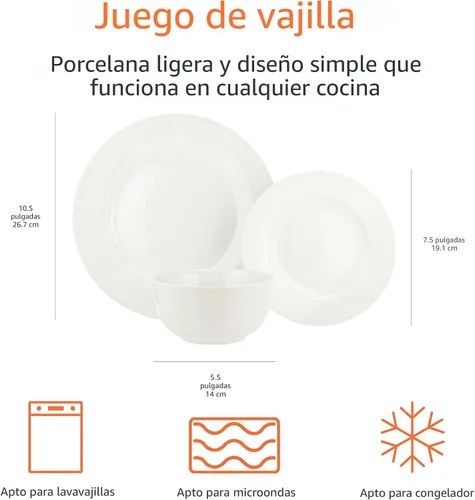 Miniatura 7 de Amazon Basics Juego de vajilla de cocina, apto para microondas y lavavajillas, platos, cuencos, servicio para 6, 18 piezas, color blanco