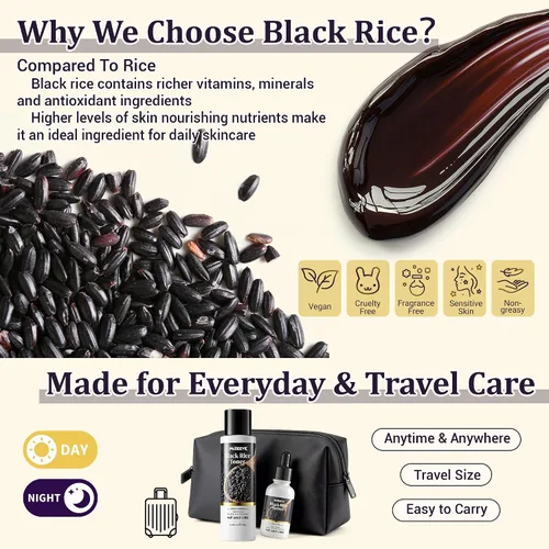 Miniatura 7 de Juego de rutina de cuidado de la piel de arroz negro natural para mujeres, kit antienvejecimiento con lavado facial, tóner, suero, loción corporal