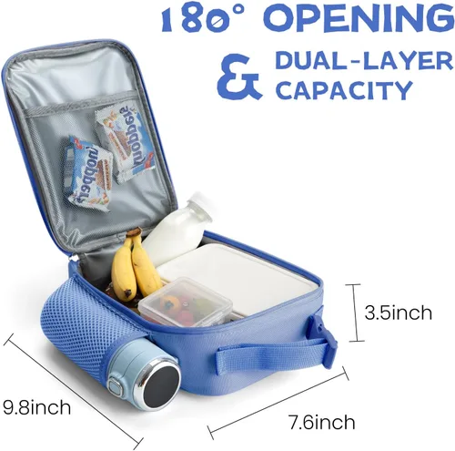 Miniatura 6 de MEXS Lonchera para niños, con dije de bricolaje y bolsas de almuerzo aisladas para niños y niñas, bolsa de almuerzo para la escuela, picnic con Azul