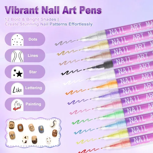 Miniatura 3 de Bolígrafos de arte de uñas de 12 colores, punta fina de 0.020 in, bolígrafos de esmalte de uñas 3D de secado rápido para diseño de uñas, pintura