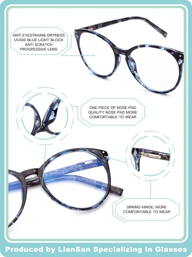 Miniatura 6 de LianSan Lentes de lectura para mujeres con lentes de bloqueo de luz azul, lectores elegantes de marco grande con bisagra de resorte para mujeres