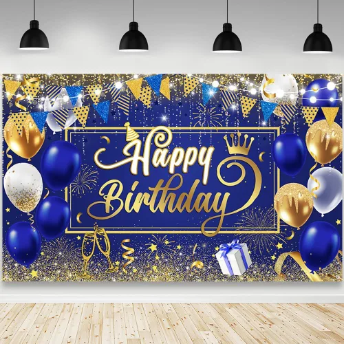 Miniatura 12 de AIBIIN Telón de fondo de feliz cumpleaños para hombre, fondo de fotografía dorado, globos negros, decoraciones de fiesta de cumpleaños, pancarta