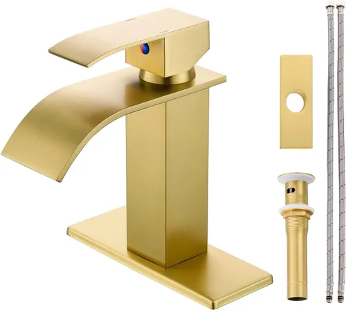 Miniatura 7 de Grifos de baño dorados, modernos de un solo agujero, boquilla de cascada de oro cepillado con ensamblaje de drenaje y manguera, acero inoxidable 304