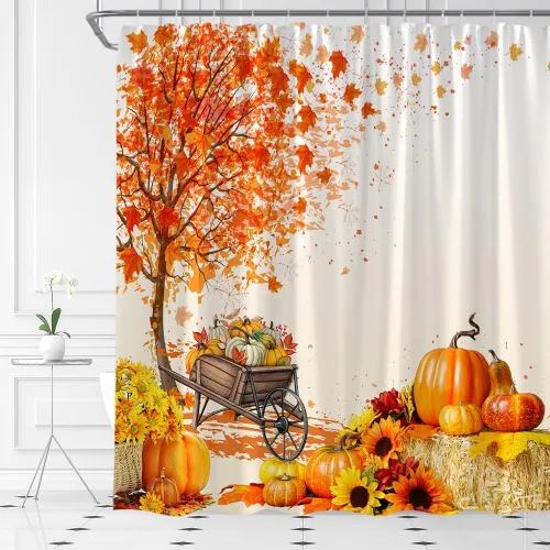 Cortina de ducha de otoño, hojas de arce, calabaza, cosecha de girasol, granja, tela, juego de decoración de baño con gancho (70 pulgadas de ancho x