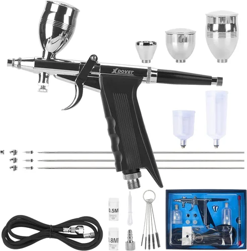 XDOVET Kit de aerógrafo con gatillo de doble acción, juego de pintura de cepillo de aire con agujas de 0.012 in/0.020 in/0.031 in, taza de pintura