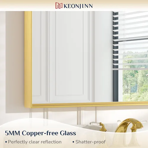 Miniatura 7 de Keonjinn Espejo de Baño Dorado 48 x 36 Pulgadas, Espejo Enmarcado de Metal Dorado Cepillado, Espejos de Tocador Grandes Rectangulares de Esquina Oro