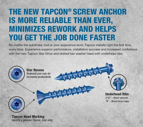 Miniatura 3 de Tapcon Tornillos de anclaje para hormigón Star Torx Head de 1/4 x 4 pulgadas 3195407V2 Paquete de 100 Broca incluida