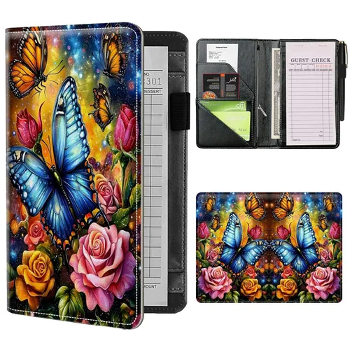 Miniatura 13 de Libros de mesero para camarera con bolsillo con cremallera, lindo esqueleto de baile, almohadillas de cuero para servidor, organizador de meseros
