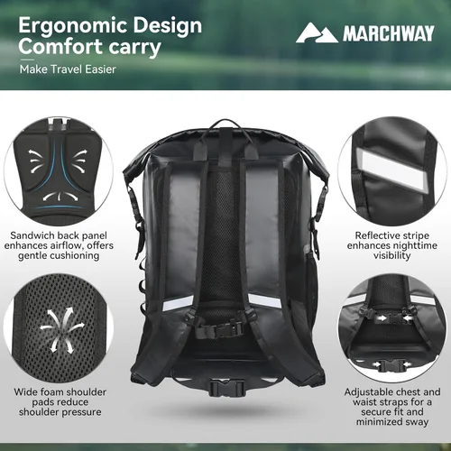 Miniatura 3 de MARCHWAY Mochila impermeable con parte superior enrollable, bolsa seca flotante de 20L/30L/45L con base rectangular ergonómica, espalda acolchada