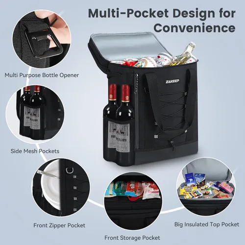 Miniatura 5 de ZAKEEP Mochila enfriadora, 36 latas, multifuncional, a prueba de fugas, con asa superior acolchada, bolsillo de malla para acampar y barbacoa Negro