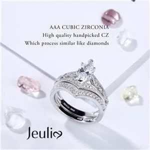 Miniatura 3 de Jeulia Juego de 2 anillos de plata de ley con corte marquesa milgrain para novia, boda, compromiso, aniversario