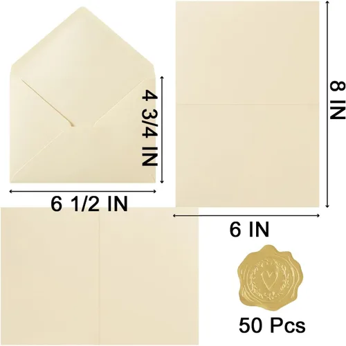 Miniatura 2 de Paquete de 50 sobres A6 color crema con tarjetas de cartulina gruesa plegada de 4 x 6 pulgadas y calcomanías doradas para tarjetas de felicitación
