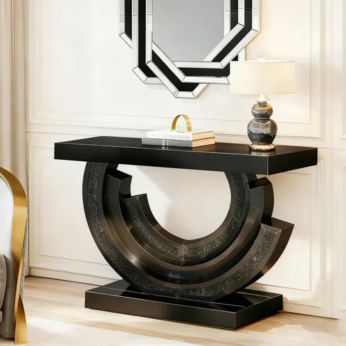 Miniatura 34 de Mesa Consola Negra con Espejo, Mesa de Sofá de Cristal Rectangular de 48 pulgadas con Elementos Tallados Vintage con Espejo, Muebles de Espejo